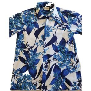 Hawaii Nei Honolulu VTG Mens M Blue Floral Short Sleeve Polyester Hawaiian Shirt